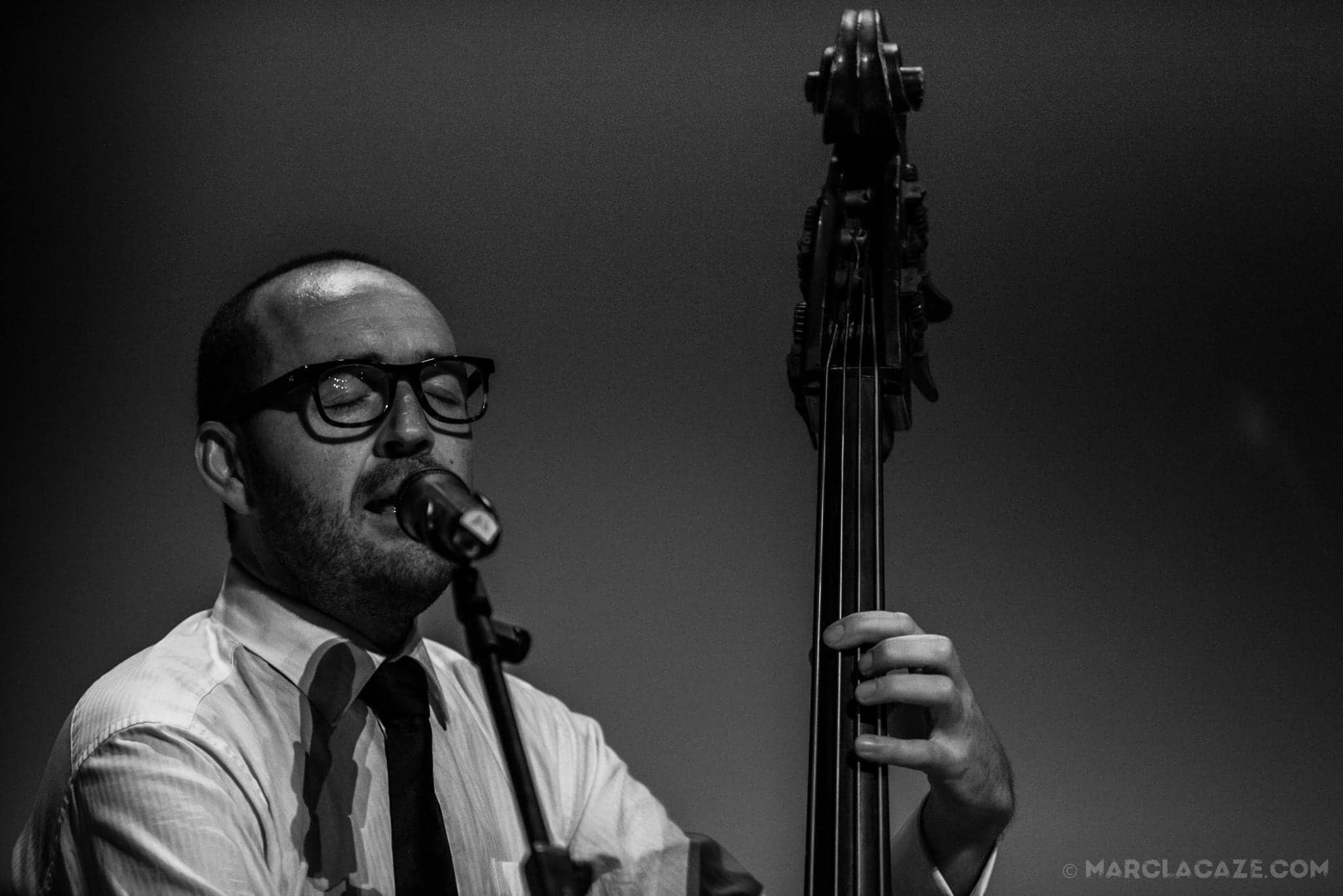 Mark Elton singing beside his double bass.